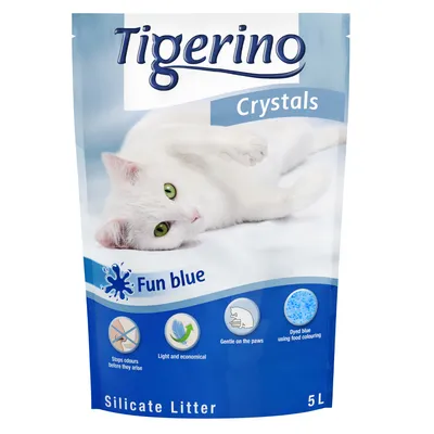 Tigerino Crystals Silicate Litter 5L, Fun blue. Stops odours before they arise, light and economical, gentle on the paws, dyed blue using food colouring.