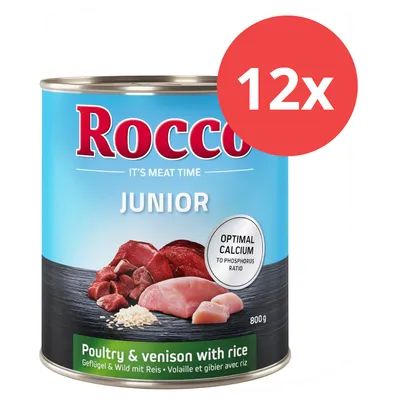 Rocco Junior Nassfutter, Geflügel & Wild mit Reis, 800g Dose, optimaler Calcium-Phosphor-Verhältnis. Packung enthält 12 Dosen.