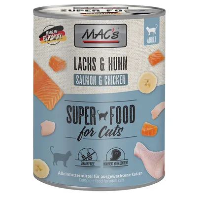 MAC's Lachs & Huhn Salmon & Chicken, Super Food for Cats, Made in Germany, Adult, Grainfree, High meat & fish content. Aliment complet pour chats adultes. Texte en anglais et allemand.
