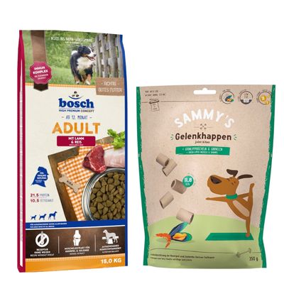 Kombi-Paket: 15 kg bosch HPC Trockenfutter + 3 x 350 g Sammy's Gelenkhappen Adult Lamm & Reis 15 kg + Sammy's Gelenkhappen 3 x 350 g