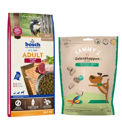 Kombi-Paket: 15 kg bosch HPC Trockenfutter + 3 x 350 g Sammy's Gelenkhappen - Adult Lamm & Reis 15 kg + Sammy's Gelenkhappen 3 x 350 g Kombi-Paket: 15 kg bosch HPC Trockenfutter + 3 x 350 g Sammy's Gelenkhappen - Adult Lamm & Reis 15 kg + Sammy's Gelenkhappen 3 x 350 g