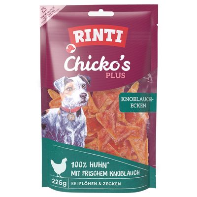 Emballage Rinti Chicko Plus, texte visible : Knoblauch-Ecken, 80g, 100% Huhn mit frischem Knoblauch, Bei Flöhen und Zecken. Tranches de friandises visibles.