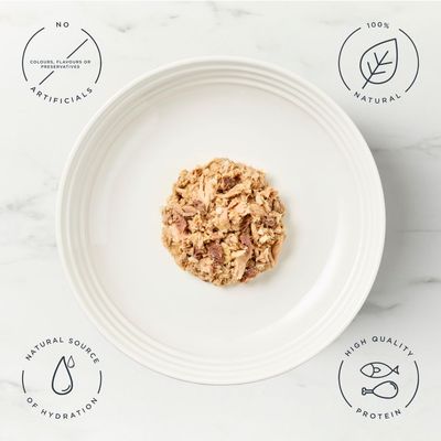 Encore in Broth, 100 % naturliga ingredienser, sardiner med tonfiskfilé. Konservburk med kattmotiv.