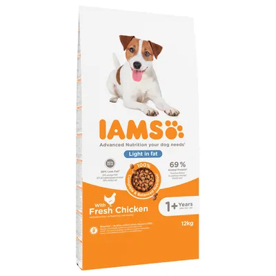 IAMS dry food, light in fat, with fresh chicken, for pets aged 1 year and over. Contains 30% less fat, 69% animal protein, wheat free, complete and balanced nutrition. 12kg bag. IAMS dry food, light in fat, with fresh chicken, for pets aged 1 year and over. Contains 30% less fat, 69% animal protein, wheat free, complete and balanced nutrition. 12kg bag.