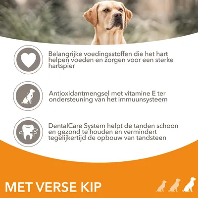 Belangrijke voedingsstoffen voor hart, antioxidantmengsel met vitamine E voor immuunsysteem, DentalCare System helpt tanden schoon houden. Met verse kip.