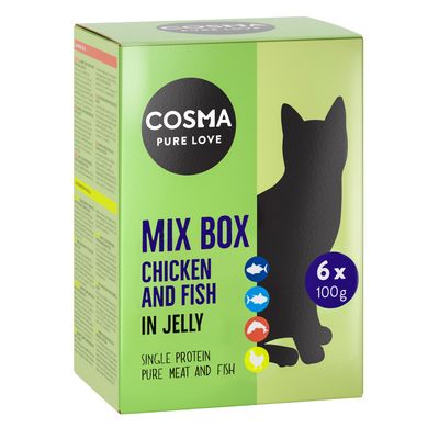 Cosma Pure Love Mix Box Chicken and Fish in Jelly, Single Protein, 6 x 100g. Reines Fleisch und Fisch.