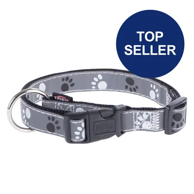 Trixie Halsband in Grau mit Pfotenmuster, Kunststoffverschluss und Metallring. Blauer Kreis mit Text 'Top Seller'.