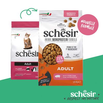 Schesir Animal Monoprotéine Formule Adulte au porc, 35 % de protéines, recette améliorée, 1,5 kg. Avec des antioxydants naturels et des prébiotiques ajoutés.