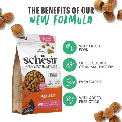 Schesir Animal Monoprotein Formula Adult med färskt fläskkött, enda animaliska proteinkällan, mer smak, tillsatta prebiotika, 1,5 kg, förbättrad innehåll.