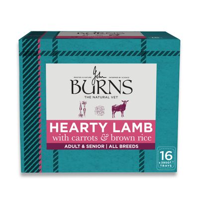Burns Free Range Chicken sárgarépával és barna rizzsel. Felnőtt és idős kutyáknak, minden fajtának. Dr. John Burns állatorvos által fejlesztve. 16 x 395g tálcás csomag.