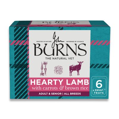 Emballage Burns Hearty Lamb avec carottes et riz brun bio, pour chiens adultes et seniors toutes races. Ingrédients illustrés : agneau, carottes, riz brun. Texte en anglais visible.