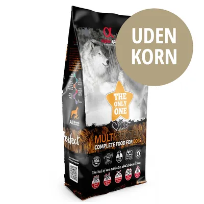alpha spirit THE ONLY ONE MULTI-PROTEIN COMPLETE FOOD FOR DOGS, UDEN KORN, All Breeds, flere ikoner for kornfri, glutenfri og sukkerfri. Billede af ulv på emballagen.
