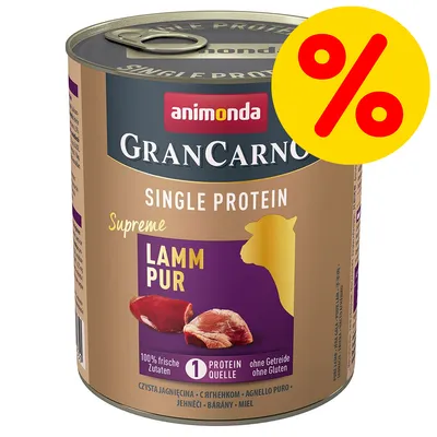animonda GranCarno Single Protein Supreme Lamm Pur -koiran märkäruokapurkki, etiketissä tekstit: 100% frische Zutaten, 1 Protein Quelle, ohne Getreide ohne Gluten, tarjousmerkintä (%)