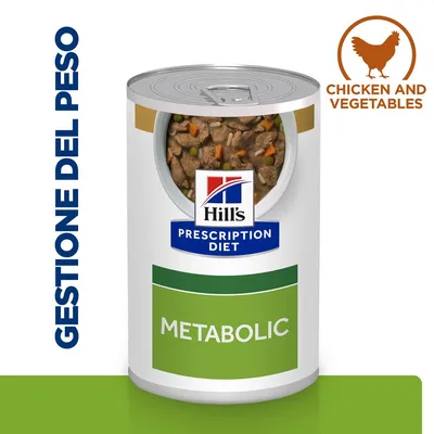 Hill's Prescription Diet Metabolic, gestione del peso, pollo e verdure. Testo visibile: CHICKEN AND VEGETABLES, METABOLIC.