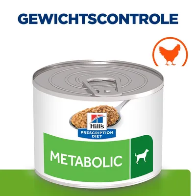 Hill's Prescription Diet Metabolic natvoer voor honden, gewichtscontrole, afbeelding van kip, groene label op blik. Hill's Prescription Diet Metabolic natvoer voor honden, gewichtscontrole, afbeelding van kip, groene label op blik.