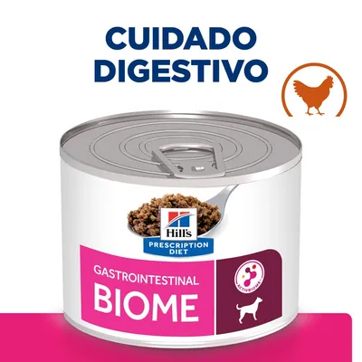 Hill's Prescription Diet Gastrointestinal Biome para perros, texto visible: Cuidado digestivo, símbolo de pollo y Activbiome+, lata con comida húmeda.