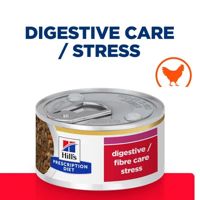Hill's Prescription Diet tin with label text 'digestive / fibre care stress', large text above reads 'DIGESTIVE CARE / STRESS', orange chicken icon visible