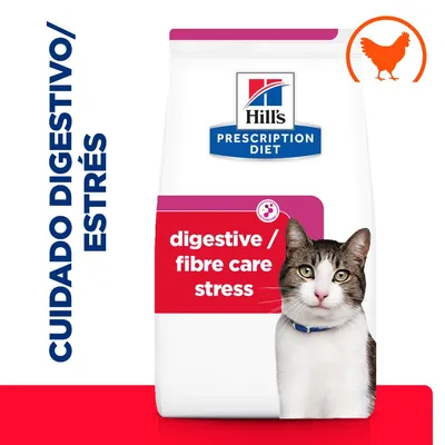 Hill's Prescription Diet digestive/fibre care stress, imagen de un gato y símbolo de pollo. Texto visible: CUIDADO DIGESTIVO/ESTRÉS.