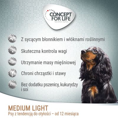 Concept for Life Medium Light. Z sycącym błonnikiem, kontrola wagi, utrzymanie masy mięśniowej, chroni chrząstki i stawy, bez pszenicy, kukurydzy i soi. Psy z tendencją do otyłości od 12 miesięcy.