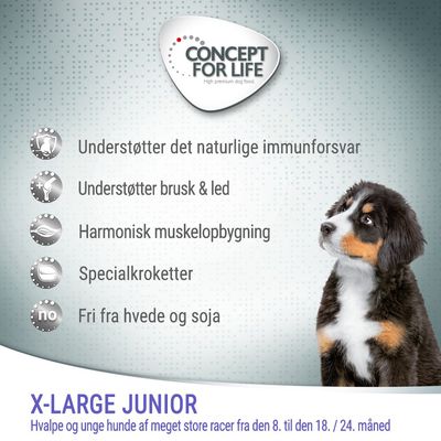 CONCEPT FOR LIFE. Understøtter immunforsvar, brusk & led, muskelopbygning. Specialkroketter. Fri fra hvede og soja. X-LARGE JUNIOR til store hunderacer 8.–18./24. måned.
