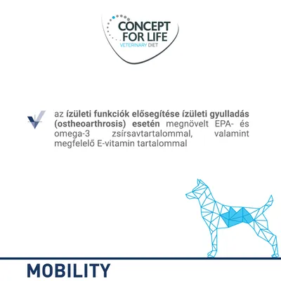 CONCEPT FOR LIFE VETERINARY DIET. Az ízületi funkciók elősegítése ízületi gyulladás (osteoarthrosis) esetén, megnövelt EPA- és omega-3 zsírsavtartalommal, E-vitaminnal. MOBILITY.