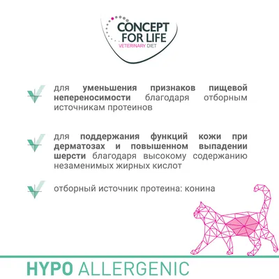 CONCEPT FOR LIFE VETERINARY DIET. Для уменьшения признаков пищевой непереносимости, поддержания функций кожи при дерматозах и выпадении шерсти. Источник протеина: конина. HYPO ALLERGENIC.