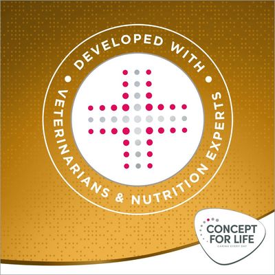 Testo in inglese: Developed with veterinarians & nutrition experts. Marchio Concept for Life Caring Every Day.