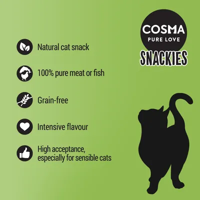 COSMA PURE LOVE SNACKIES. Natural cat snack, 100% pure meat or fish, grain-free, intensive flavour, high acceptance, especially for sensible cats. Teksti englanniksi.