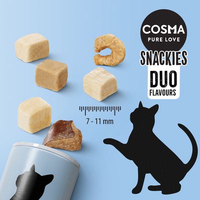 Przysmaki Cosma Pure Love Snackies Duo Flavours dla kotów, różne kształty i kolory, widoczny rozmiar 7–11 mm, opakowanie z sylwetką kota.