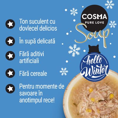 Cosma Soup Limited Edition ton cu dovleac, rețetă fără cereale, 12 x 40g în supă delicată. Ambalajul prezintă silueta unei pisici și inscripția 'Hello Winter'.