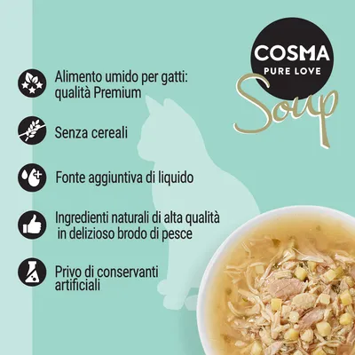 COSMA PURE LOVE Soup. Alimento umido per gatti: qualità Premium, senza cereali, fonte aggiuntiva di liquido, ingredienti naturali di alta qualità in brodo di pesce, privo di conservanti artificiali.
