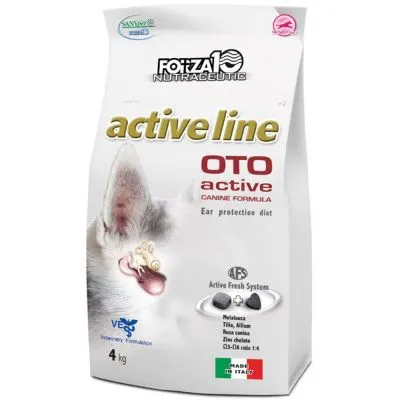 FORZA10 Nutraceutic active line OTO active Canine Formula, Ear protection diet, 4 kg. Active Fresh System, Made in Italy. Synliga ingredienser: Melaleuca, Tilia, Allium, Rosa canina, Zink chelate.