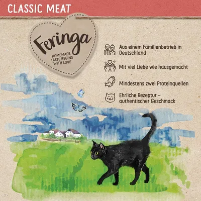 Feringa Classic Meat. Aus Familienbetrieb in Deutschland, mit viel Liebe wie hausgemacht, mindestens zwei Proteinquellen, ehrliche Rezeptur – authentischer Geschmack.