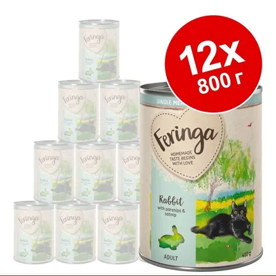 Feringa Rabbit with parsnips & catnip, 12×800 г консерви за котки. Надпис: Homemade taste begins with love. Изображение на черна котка и заек върху опаковката. Feringa Rabbit with parsnips & catnip, 12×800 г консерви за котки. Надпис: Homemade taste begins with love. Изображение на черна котка и заек върху опаковката.