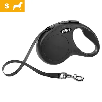 Laisse rétractable Flexi noire, taille S, avec poignée ergonomique et mousqueton métallique visible. Marque Flexi inscrite sur le boîtier.