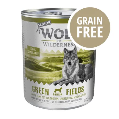 Wolf of Wilderness Senior Green Fields, 800 g, agnello e pollo con frutti di bosco, radici ed erbe selvatiche. Testi visibili: 100% grain-free, GRAIN FREE.