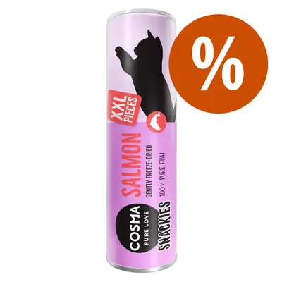 Cosma Snackies XXL Pieces, Lachs, schonend gefriergetrocknet, 100% reiner Fisch. Angebot mit Prozentzeichen.