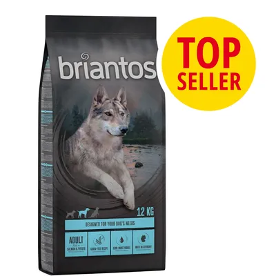 Saco de comida para perros briantos Adult, 12 kg. Texto visible: Designed for your dog's needs, salmon & potato, grain-free recipe, semi-moist kibble, made in Germany. TOP SELLER.