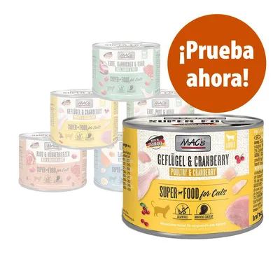 Latas de comida para gatos MAC's Super Food for Cats, variedad Geflügel & Cranberry. Texto visible: ¡Prueba ahora! Poultry & Cranberry, Made in Germany, Grainfree, High Meat Content.
