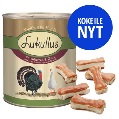 Lukullus-kokeilupakkaus, hanhi & kalkkunansydän, 6 x 800 g + 12 x 5 cm puruluut - hanhi ja kalkkunansydän 6 x 800 g