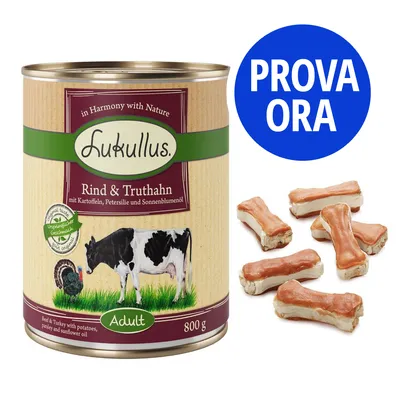 Scatola Lukullus Rind & Truthahn Adult 800 g con immagini di mucca e tacchino, ossi per cani accanto. Cerchio blu con testo: PROVA ORA.