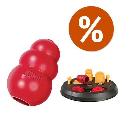 Giocattolo per cani KONG rosso in gomma e gioco interattivo rotondo nero con elementi gialli e rossi, simbolo percentuale bianco su sfondo arancione.