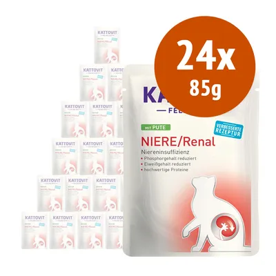 Kattovit Niere/Renal con tacchino, 24 buste da 85 g. Testo visibile: insufficienza renale, fosforo ridotto, proteine di alta qualità, ricetta migliorata.