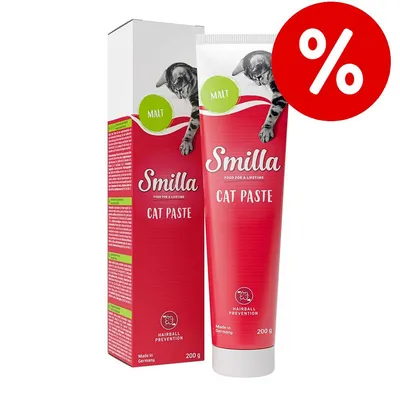 Smilla Cat Paste Malt, 200 g tub och förpackning med texten 'Hairball Prevention', 'Made in Germany' samt röd rabattikon med procenttecken.
