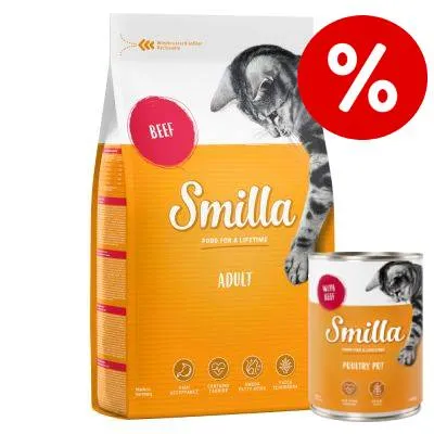 Blandpack: 1 kg Smilla torrfoder + passande våtfoder - Adult Fisk + 6 x 400 g Mört fågelkött med fisk