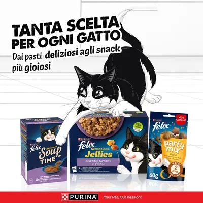 Purina Felix alimento per gatti e snack. Ampia scelta per ogni gatto, dai pasti gustosi agli snack divertenti. Party Mix, Soup Time e Sensations Jellies in evidenza. Purina Felix alimento per gatti e snack. Ampia scelta per ogni gatto, dai pasti gustosi agli snack divertenti. Party Mix, Soup Time e Sensations Jellies in evidenza.