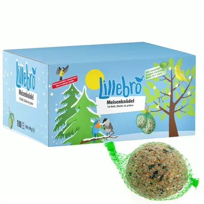 Krabice Lillebro Meisenknödel Fat Balls, 100×90 g, s vyobrazením lojové koule v zelené síťce a ilustracemi ptáků. Viditelný text: 'Produkt 100 % natural'.