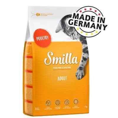 Smilla Adult Poultry macskaeledel csomagolás, MADE IN GERMANY felirattal, 1 kg. Látható ikonok: baromfi, szív, gabona, búza nélkül.