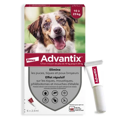 Advantix Elanco pour chien moyen 10 à 25 kg. Élimine puces, tiques, poux broyeurs. Effet répulsif sur tiques, moustiques, phlébotomes, mouches d’étable. 6 x 2,5 ml.