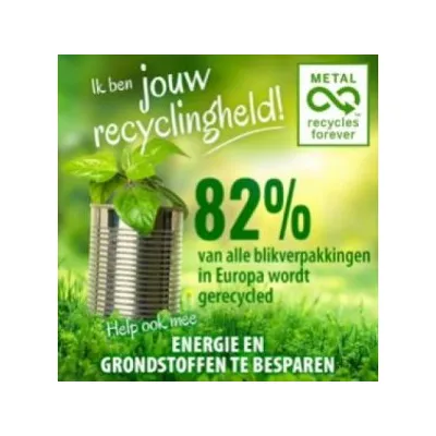 Ik ben jouw recyclingheld! 82% van alle blikverpakkingen in Europa wordt gerecycled. Help ook mee energie en grondstoffen te besparen. METAL recycles forever.